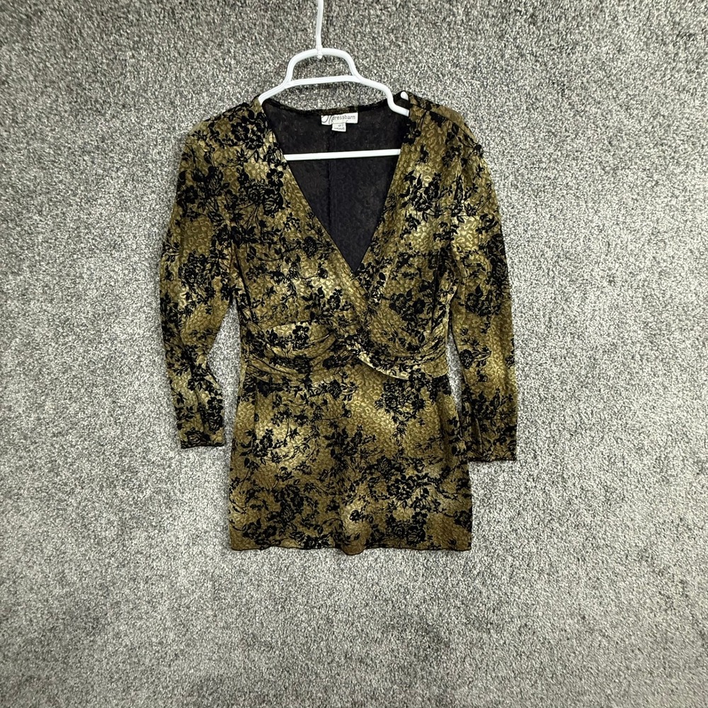 Dressbarn Womens Metallic Gold Black Floral V-Neck Blouse Size 12 Made in USA